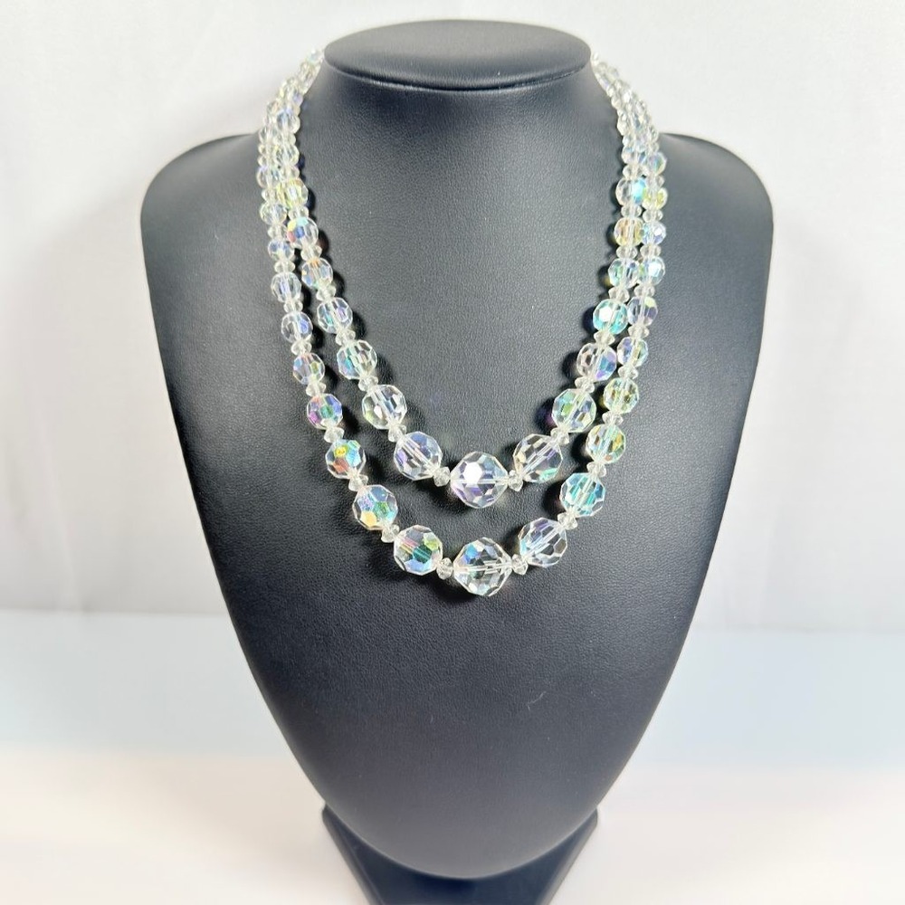 Vintage AB Crystal Necklace Double Strand Graduated Adjustable 13-15.5 in - Picture 3 of 11